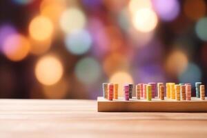 Empty wooden table top whit party birthday background blurred good product display by. photo