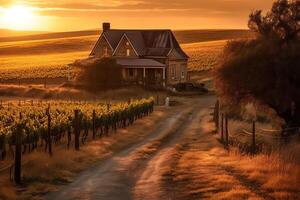 idílico casa de Campo en rural viñedo brilla dorado puesta de sol. ai generado foto