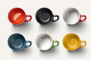 conjunto de negro tazas en blanco antecedentes realista café tazas con encargarse de colección de tazas con diferente color dentro té café y caliente bebida jpg ilustración. ai generado foto