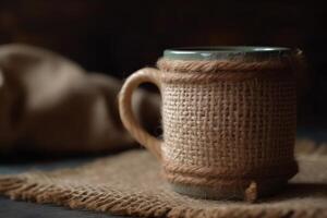 Coffee mug on a burlap background with room to copy text. photo