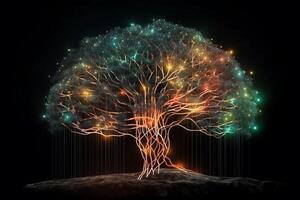energético pensando brillante cerebro red en el metro de un árbol el concepto de conciencia artificial inteligencia. ai generado foto