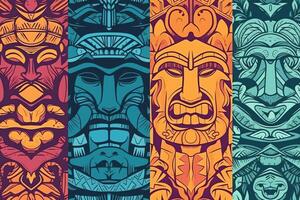 Seamless 2d illustration print designs with hawaii tropical surf palm tiki mask themed. photo