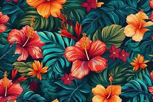 Tropical hawaiian pattern with hibiscus flowers and lush vegetation ideal exotic backgrounds. photo