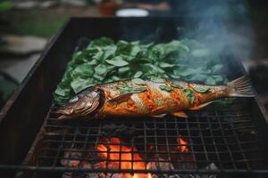 A fish is cooking on a grill with a lot of sauce on its side and a bunch of green leaves on its side. photo