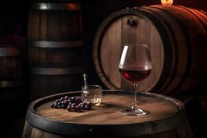 Barrel of wine with wineglass winery concept background. photo
