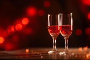 Champagne Toast For The Saint ValentineS Romantic Dinner Or Wedding Two Glasses Shiny Red Bokeh Background. photo