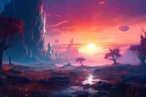 fantasía fábula púrpura planeta paisaje con dramático crepúsculo cielo con digital concepto Arte fantasía y Ciencias ficción paisaje vibrante color. ai generado foto