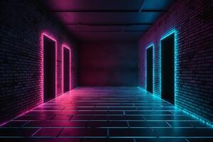 Dark sci fi modern futuristic empty grunge brick wall room purple blue pink glowing lights concrete floor neon vertical line light shapes empty space 3d rendering. photo