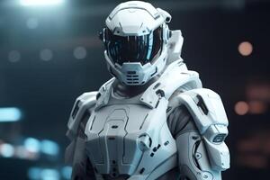 Soldier in futuristic space armor science fiction white armor inside the spaceship 3d render. photo