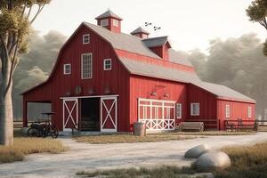 3D render front view of a red barn. AI Generated photo