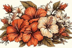 Hand drawn bunch with hibiscus flowers. photo