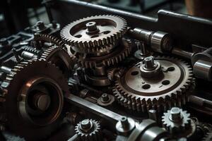 Mechanism gears and cogs at work industrial machinery. photo