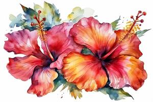 Tropical summer exotic flowers watercolor drawn hibiscus on isolated white background. photo