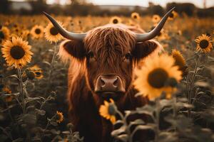 Highland cow face with many various sunflowers. photo