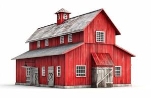 3D rendering of a red wooden barn isolated on a white background. photo