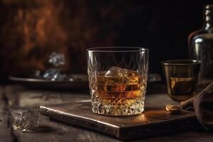 Glass of whiskey with ice still life brandy bourbon on a brown wooden table rustic style alcohol drink rum scotch is generated with the use of an ai. photo