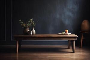 Empty wooden top table in dark retro living room table with. AI Generated photo