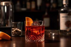 elegante italiano negroni cóctel en mostrador con botella y guarnación. ai generado foto