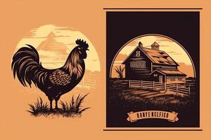gallo y granero con cerca y césped en silueta Clásico logo vector ilustración diseño. ai generado foto
