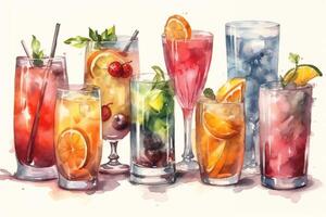 Set of various classic cocktails watercolor illustration. photo