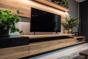 gabinete televisión en moderno vivo habitación con decoración en de madera pared antecedentes. ai generado foto