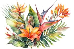 Watercolor llustration of tropical flowers. photo