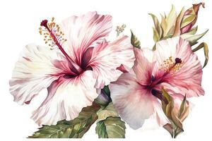 Handdrawn watercolor floral illustration of the tender white with pink hibiscus flowers natural drawing isolated on the white background romantic tropical blossom. photo