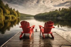 Two red adirondack chairs on a wooden dock on a lake. photo