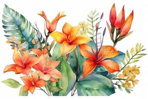 Watercolor llustration of tropical flowers. photo