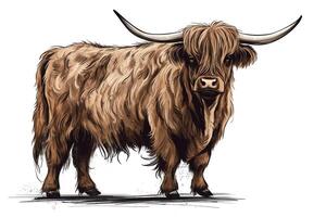 Scottish cow beige shaggy bull illustration isolated on white background. photo