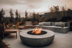 Outdoor backyard fire pit with grey modern furniture outdoor chairs seating on a sunset residential house terrace. photo