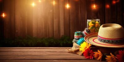 Straw hat festa junina background, Brazilian party and Latin american festival. photo