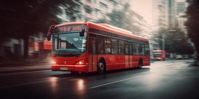 Bus driving on the road with cityscape motion blur background. Traveling and transportation. photo