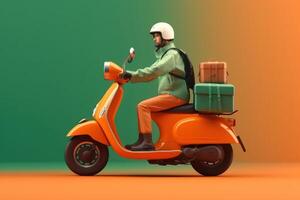 Delivery man ride scooter motorcycle for online delivery service on green background. photo