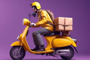 Delivery man ride scooter motorcycle for online delivery service on purple background. photo