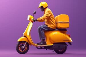 Delivery man ride scooter motorcycle for online delivery service on purple background. photo