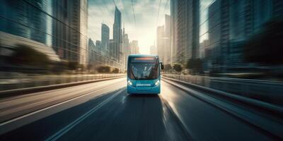 autobús conducción en el la carretera con paisaje urbano movimiento difuminar antecedentes. de viaje y transporte. generativo ai foto