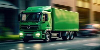 Truck with cargo driving on the road motion blur background. photo