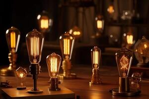 Decorative antique edison style light bulbs different shapes of retro lamps on dark background cafe or restaurant decoration details set of vintage glowing light bulbs loft interior. photo