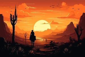 salvaje Oeste póster vaquero montando dentro el puesta de sol con su caballo salvaje Oeste paisaje. ai generado foto