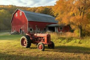 Red barn and tractor on a farm. AI Generated photo
