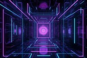 3D render abstract futuristic ultraviolet background with cyber screen and glowing neon lights. photo