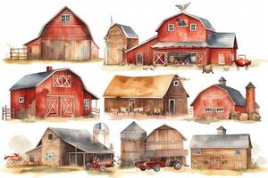 Watercolor barns clipart farm style red barn house horse tractor windmill wood gate illustrations wedding invitation diy. photo