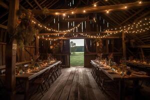 A rustic barn wedding with string lights and wildflowers. photo