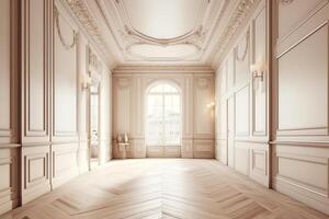 Contemporary beige white bright empty interior with wall panel and moldings 3d render illustration mockup. photo