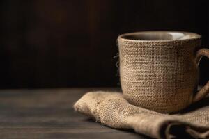 Coffee mug on a burlap background with room to copy text. photo