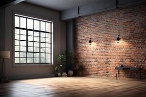 The interior design of empty room and living room and brick wall texture 3d rendering new scene new model. photo