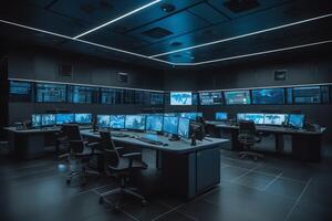 Empty interior of big modern security system control room workstation with multiple displays monitoring room with at security data center empty office desk and chairs. photo