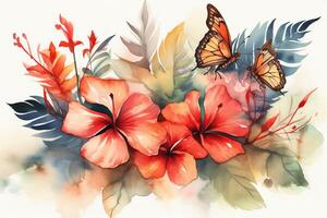 Tropical watercolor exotic jungle plants palm leaves red hibiscus flowers and color butterflies. photo