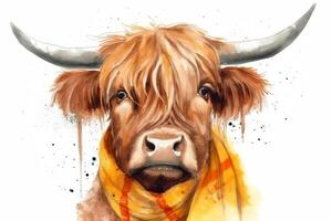 Watercolor highland cow with yellow bandana painting realistic wild animal portrait illustration technology. photo